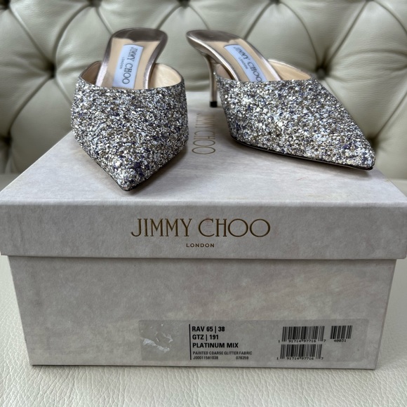 New in Box Jimmy Choo Silver Glitter Leather Sandals Heels Platinum 38 - Picture 3 of 6
